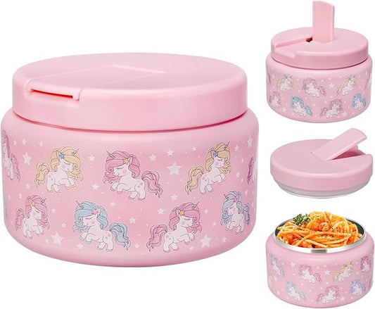 13.5oz Kids Soup Jar for Hot Food Vacuum Insulated Food Jar with Buckle Lid, Stainless Steel Wide Mouth Leak Proof Lunch Container for School Picnic Travel (Unicorn Pink)