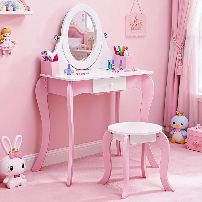 Kids Vanity Set Wooden Princess Play Makeup Table with Stool, Rotating Mirror & Anti-Slip Feet - Toddler Girls Dress Up Dressing Furniture Gift (Pink)