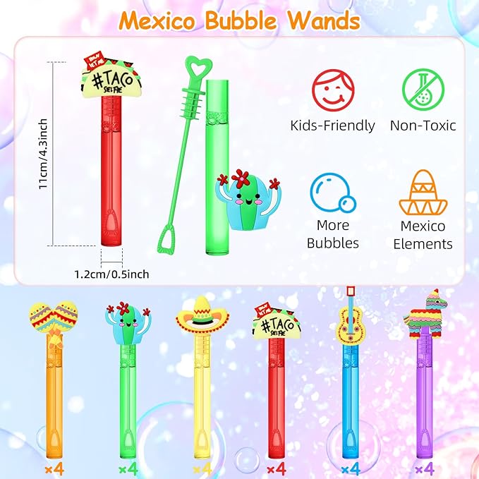 AFZMON 24Pcs Cinco De Mayo Party Favors Bubble Wands for Kids, Mexican Fiesta Mini Bubbles Wand Toys, Taco Party Supplies Goodie Gift Bag Stuffers Pinata Classroom Prizes