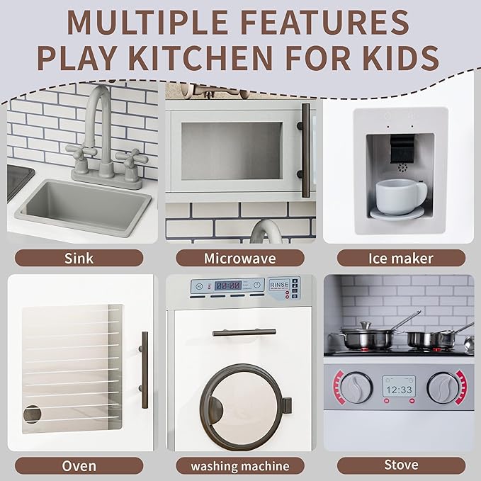 Kids Kitchen Playset with Lights & Sounds, Wooden Play Kitchen with Sink, Washing Machine, Ice Maker & Pretend Play Accessories, Educational Toy Kitchen Set for Toddlers, White