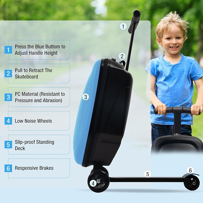 20" Scooter Suitcase for Kids, 2-in-1 Ride On Luggage with Wheels for Boys & Girls Ages 4-15, Foldable Hardshell Carry On Lightweight Travel Suitcase for Airplane