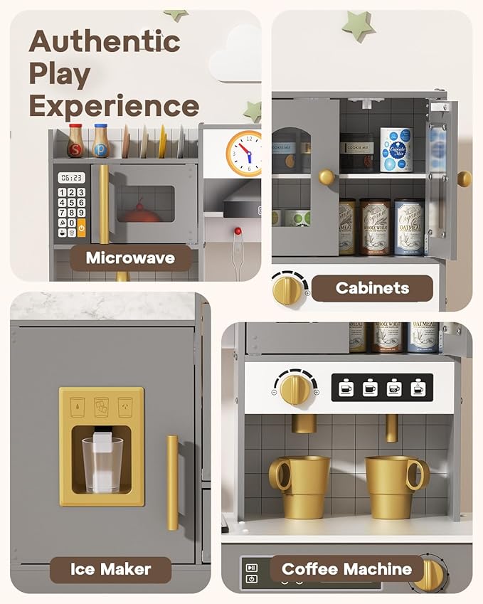 BIERUM Wooden Play Kitchen for Kids Ages 3-8 with Lights & Sounds, Pretend Play Kitchen Set with Stove, Ice Maker, Coffee Maker, Oven & Accessories, Toddler Kitchen Playset for Boys and Girls (Gray)