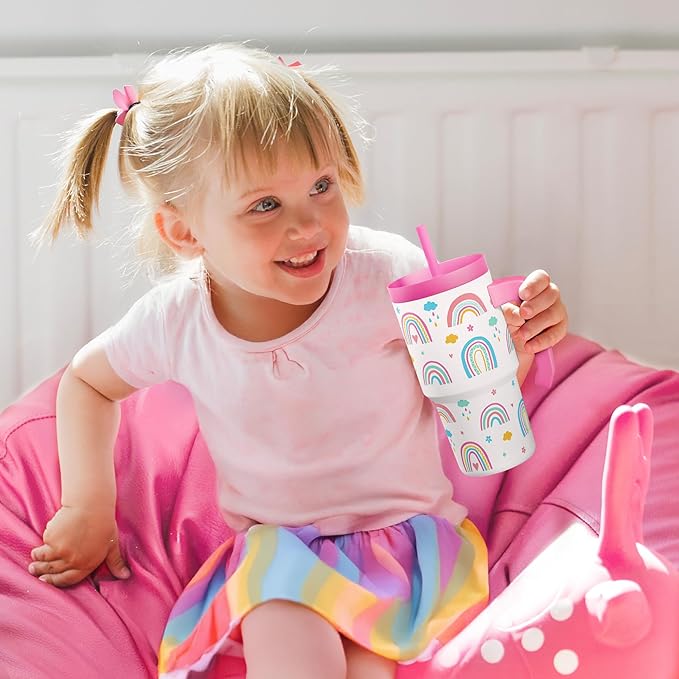 Rainbow Tumbler 20oz with Handle and Silicone Straw Lid for Kid, Insulated Stainless Steel Cup, Gift for Kids Girls, Gifts Idea for Birthday Christmas Back to School