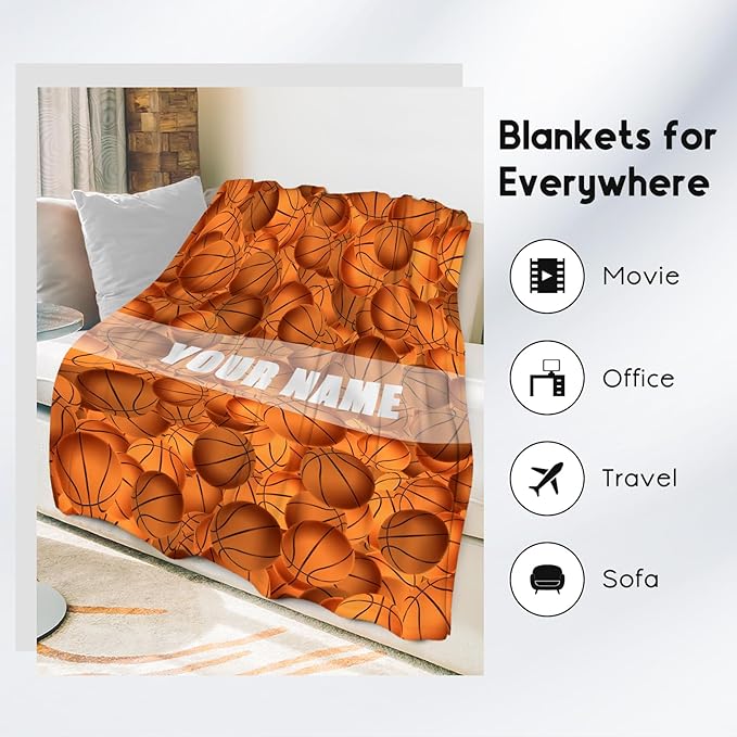 Personalized Basketball Gifts for Boys, Basketball Blanket for Girls Boys, Sport Throw Blankets for Team, Kids Throws for Living Room, Fleece Throw Present Ideas (60x80 Inch)