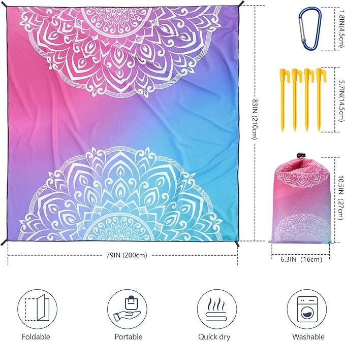 Beach Blanket Waterproof Sandproof Beach Mat 79" X 83"/10'x9'for 2-8 Adults Quick Drying Outdoor Picnic Mat Beach Accessories for Travel, Camping, Hiking