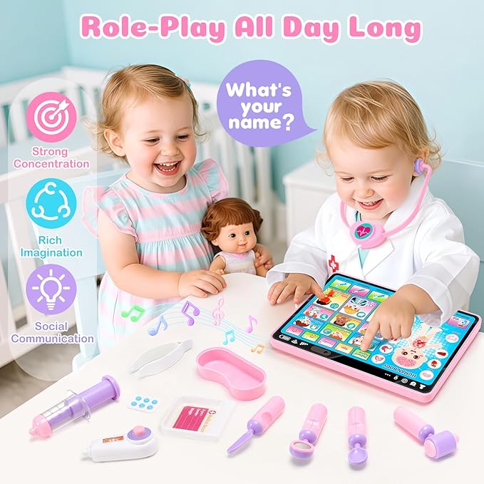 Doctor Kit for for Girls 1 Years Old, Interactive Doctor Tablet with Sound & Music, Doctors Pretend Playset with Stethoscope, Educational Girl Toys Ages 1 2 3, Christmas Birthday Gift for Kid Toddler