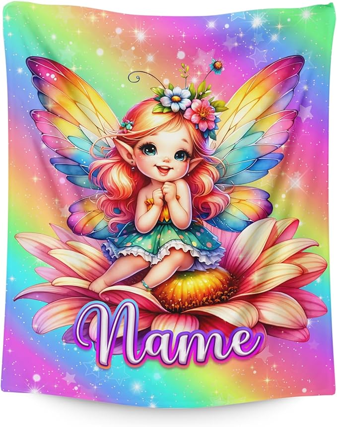 Kids Blanket for Girls Toddlers Fairy Lovers Personalized Cute Stuff Gifts, 30x40 Inches Small Soft Cozy Warm Custom Fairy Throws with Name Gifts for Sofa Chairs Lap Cars