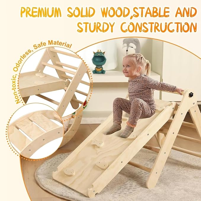 Pikler Triangle Set with Cushion, 7 in 1 Toddler Climbing Toys Indoor, Montessori Foldable Climbing Set, Wooden Climbing Toys for Toddlers Inside with Ramp, Arch and Ladder (Nature Wood)