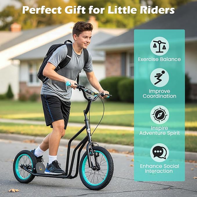 GYMAX Youth Scooter, Height Adjustable Kick Scooters with Extra Large Inflatable 16” Front & 14” Rear Wheels, Dual Hand Brakes & Kickstand, Heavy Duty Scooter for Teens Adults