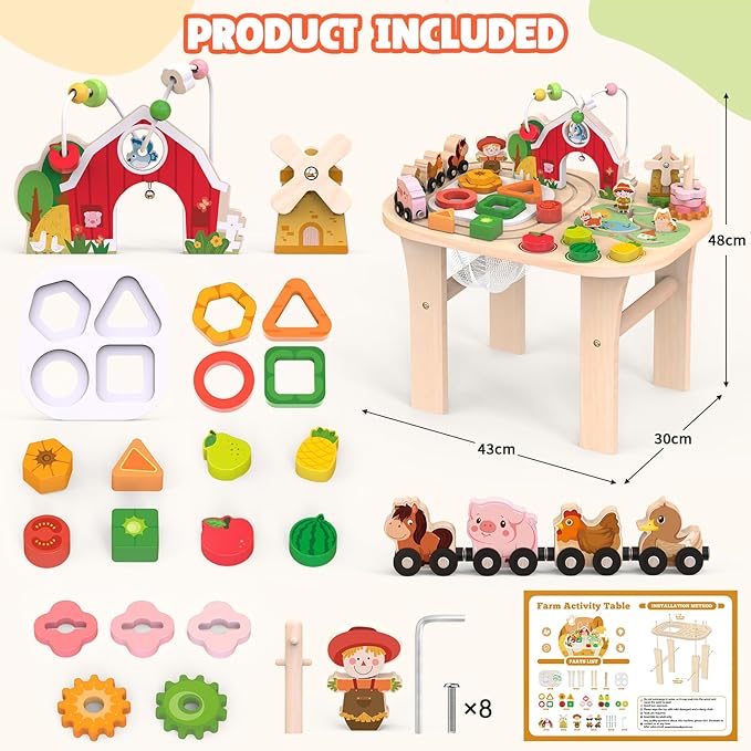 Activity Table for 1 Year Old, Baby Wooden Sensory Table with Bead Maze Shape Sorter Train Track for Toddler, Farm Montessori Toy Activity Center Educational Learning Toys for Kid 12+ Months (Natural)
