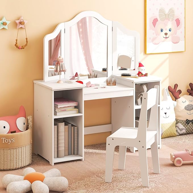 Costzon Kids Vanity, 2 in 1 Princess Makeup Desk & Chair Set with Detachable Tri-Folding Mirror, Storage Shelves, Wooden Toddler Vanity Dressing Table, Vanity Set for Little Girls (White)