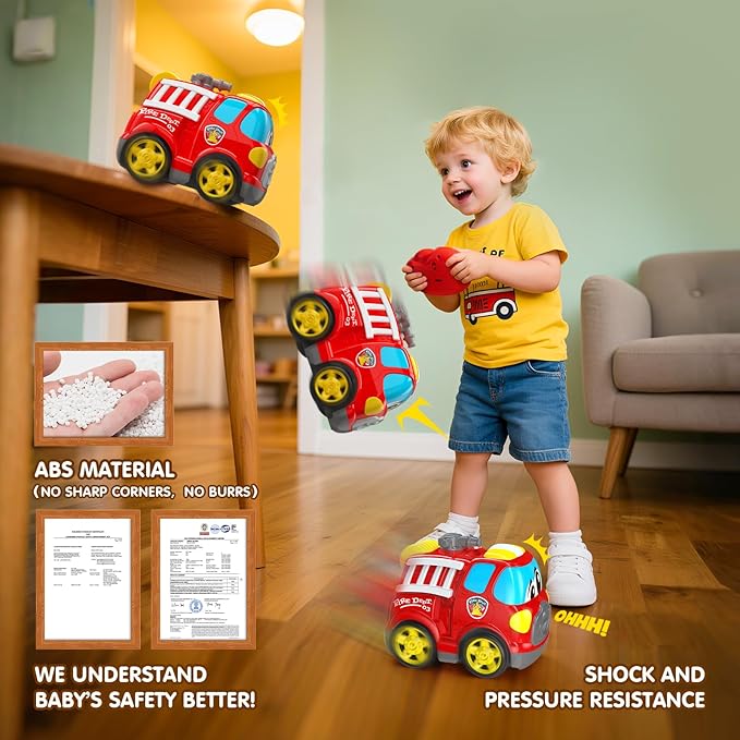 Remote Control Car, 2.4G Cartoon Emergency Vehicle, RC Fire Truck Engine Toys with Lights & Music, Birthday Gifts for Toddlers, Kids, Boys & Girls 1-5 Years Old (Red)