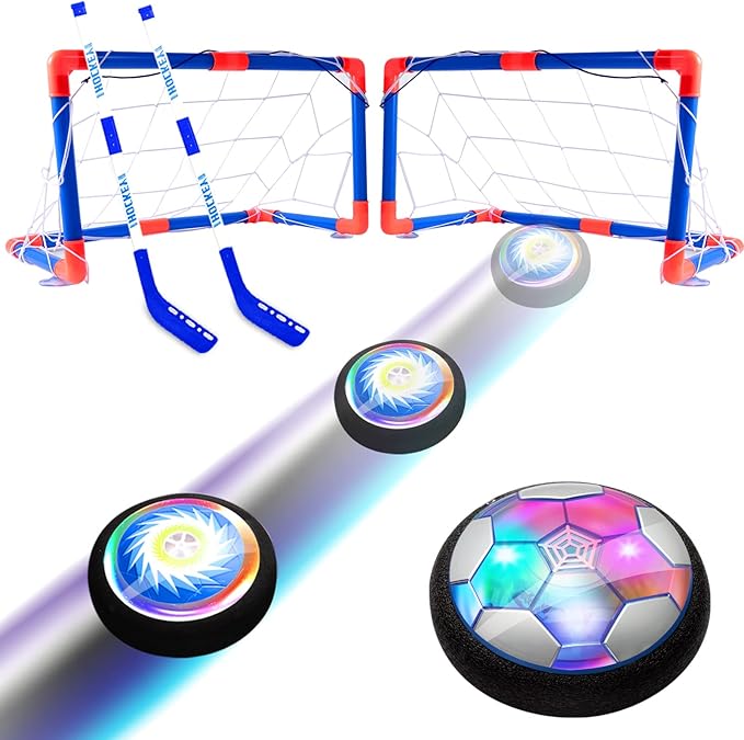 3-in-1 Hover Hockey Soccer Ball Set Kids Toys, Rechargeable Air Soccer and Floating Battery Hockey with LED Lights and Foam Bumper, 2 Goals for Boys and Girls Ages 4 5 6 7 8-12 for Indoor/Outdoor Play