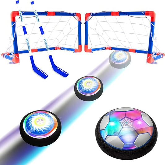 3-in-1 Hover Hockey Soccer Ball Set Kids Toys, Rechargeable Air Soccer and Floating Battery Hockey with LED Lights and Foam Bumper, 2 Goals for Boys and Girls Ages 4 5 6 7 8-12 for Indoor/Outdoor Play
