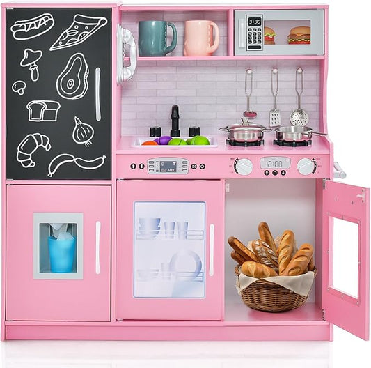 Costzon Kids Kitchen Playset, Wooden Pretend Cooking Toy Set w/Realistic Sound, Large Blackboard, Telephone, Microwave, Ice Maker, Dishwasher, Oven, Storage Space, Play Kitchen for Kids Ages 3+ (Pink)