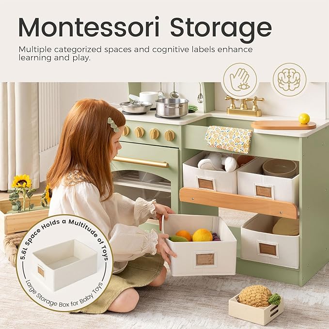 Tiny Land Play Kitchen for Kids, Wooden Toy Kitchen Set with Storage & Accessories, Toddler Kitchen Playset with Stove & Sink, Kids Kitchen Playset Gift for Ages 3-8