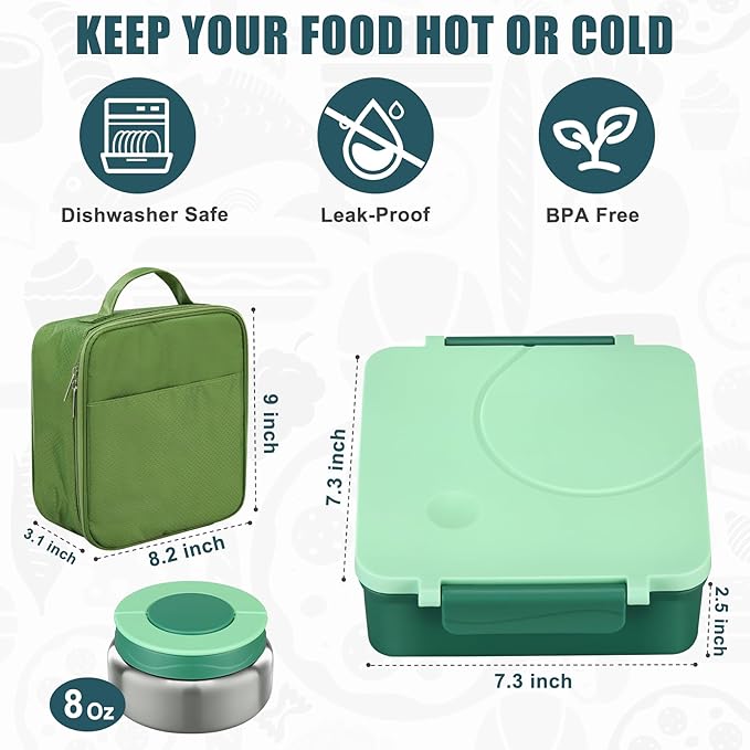 Itslife Bento Lunch Box for Kids with 8oz Soup Thermo&Lunch Bag, Leak-Proof Lunch Food Containers with 4 Compartment, Hot Food Insulated Food Jar for Kids School (Green)