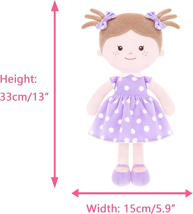 Onetoo Plush Rag Doll First Baby Doll Soft Baby Doll Sleeping Cuddle Buddy Doll for Girls Wear Purple Polka Dot Dress 14"（Milly Series）