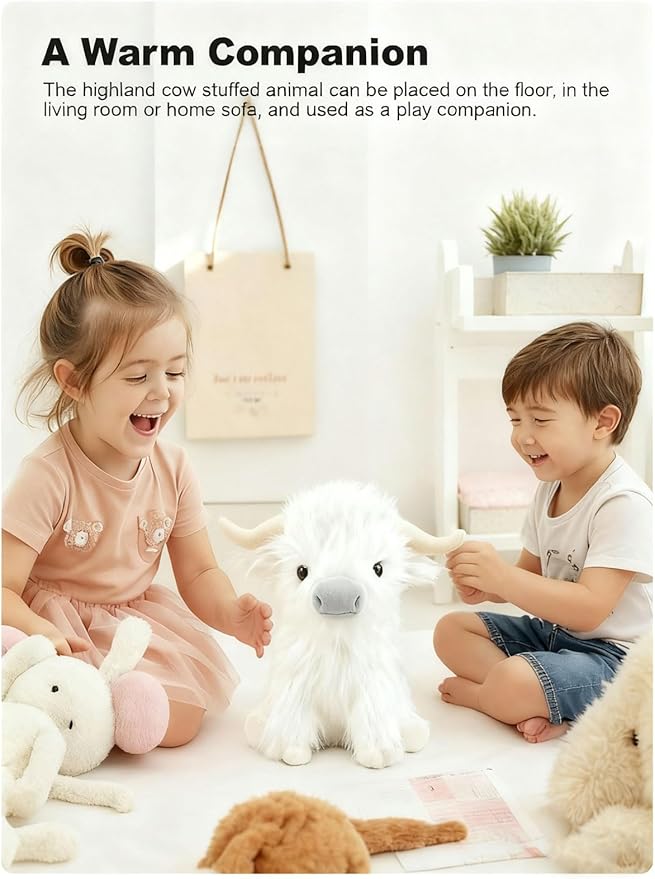 Highland Cow Fluffy Stuffed Animal, 10" Adorable Realistic Plush Toy Soft Cute Cow Plushie Home Decor Gift for Boys Girls Kids Teens Adults, White