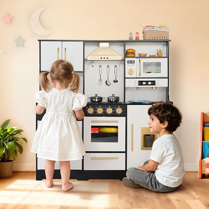 Kinder King Wooden Kids Play Kitchen, Toy Kitchen Playset for Toddler, Play Kitchen Set w/Real Sounds, Pretend Coffee Machine, Kitchen Hood, Sink, Ice Maker, Gift for Boys Girls Age 3+, Black