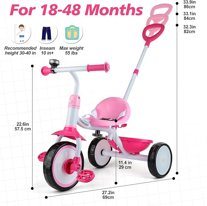 Liberry 2 in 1 Toddler Tricycle Age 2 3 4 Years Old, Kids Trike with Light Up Wheels, Adjustable Push Handle, 3 Wheel Bike Outdoor Indoor Riding Toy Gift for Girls Boys, Pink