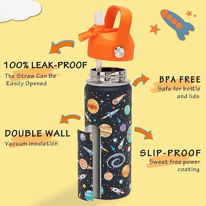 18oz Kids Insulated Water Bottle with Straw Lid - 18/8 Stainless Steel Kid Cup Travel Tumbler Double Wall Vacuum Leak Proof Portable Toddler Water Bottle (Space + Dinosaur)