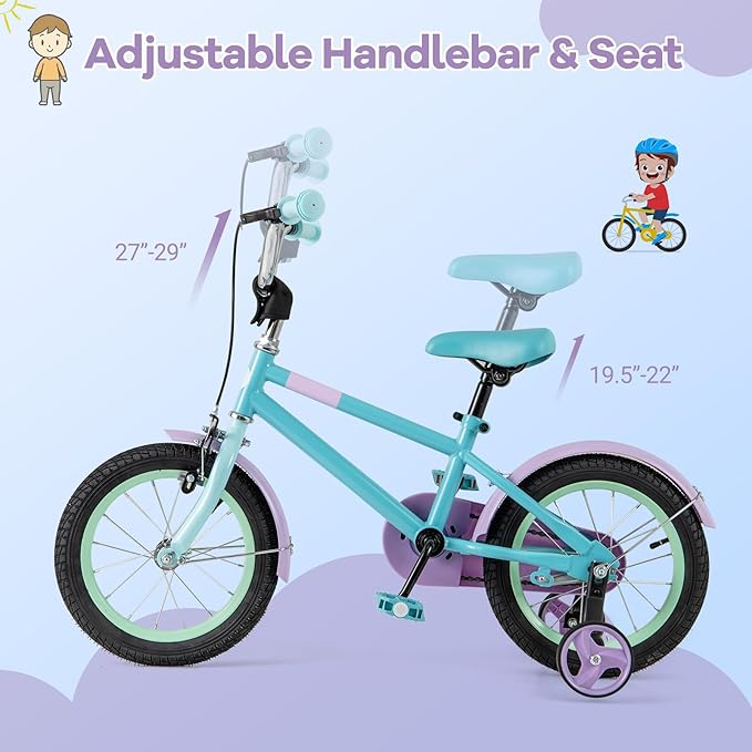 BABY JOY Colorful Macarons Kids Bike, 12 14 16 18 Inch Sporty Children's Bicycle with Training Wheels, Adjustable Handlebar & Saddle, Handbrake & Coaster Brake, Boys Girls Bike for 3-8 Years Old