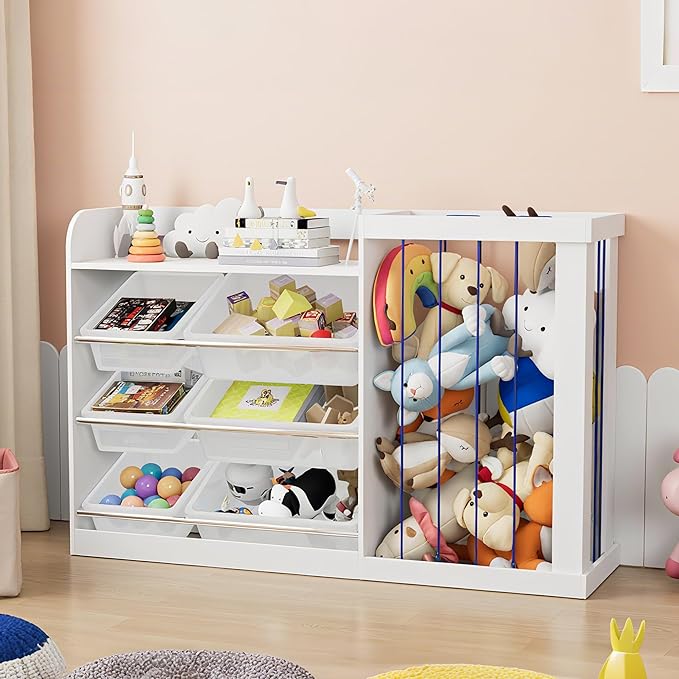 NACHES Kids Toy Organizer and 4-Tier Montessori Bookshelf with 6 Bins, 3-in-1 Toy Shelves and Stuffed Animal Storage for Playroom, Nursery, Baby Room (White)