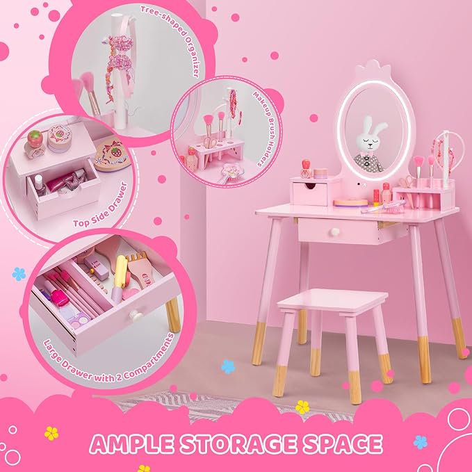 Kids Vanity Set with Lighted Mirror, Princess Make Up Dressing Table and Stool Set w/Jewelry Storage Rack & Make Up Brush Holder, Wooden Children Vanity Table Pretend Playset for Girls