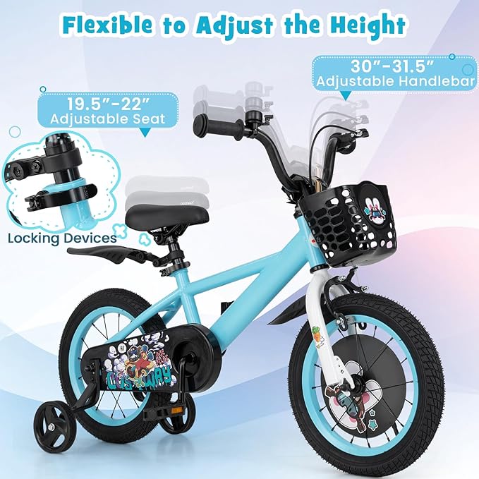 BABY JOY Rabbit Pilot Sporty Kids Bike, 12 14 16 18 Inch Child Bike for 3-8 Years Old with Adjustable Height, Training Wheels, Storage Basket, Handbrake & Coaster Brake, Kids Bicycle for Girls Boys