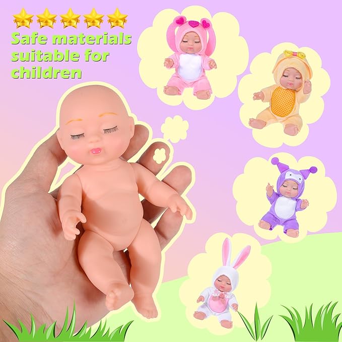 4 Pcs 7 Inch Baby Dolls with Adorable Animal-Themed Outfits - Cute PVC Infant Figurines Set in Yellow Chick, White Bunny, Pink Bunny & Purple Koala Costumes - Gift for Girls 3+