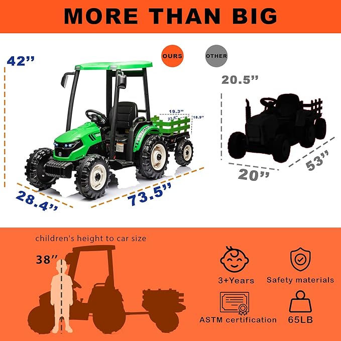 Kidsera 24V Ride on Tractor with Trailer, 4-Gearbox 24volt Dual Motors Metal Frame Battery Powered Electric Tractor Kids Electric Vehicles Power Wheels 24v Ride on Toys for Big Kids (Green)