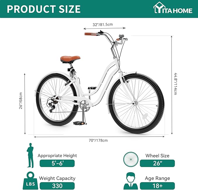 YITAHOME 24 & 26 Inch Beach Cruiser Bike, 7 Speed & Single Speed Commute Bike, Step-Through Bicycle for Adult Women & Men, Steel Frame Cruiser Bike with Full Front & Rear Fenders