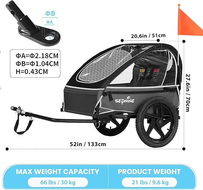 Sepnine Kids Bike Trailer, Suitable for 1 to 2 Kids, 12+ Months, Quick Attach to Bike, Foldable, with 5-Point Harness and Storage Bags