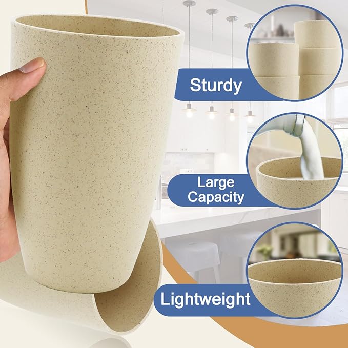 Wheat Straw Cups 20 OZ Large Capacity Set of 6, Unbreakable Drinking Cups Reusable, Alternative to Plastic CupSet, Dishwasher Safe Cups for Kitchen Water Tumblers (Beige)