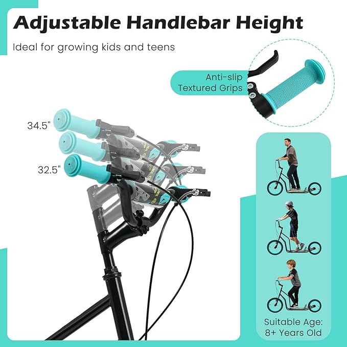 GYMAX Youth Scooter, Height Adjustable Kick Scooters with Extra Large Inflatable 16” Front & 14” Rear Wheels, Dual Hand Brakes & Kickstand, Heavy Duty Scooter for Teens Adults