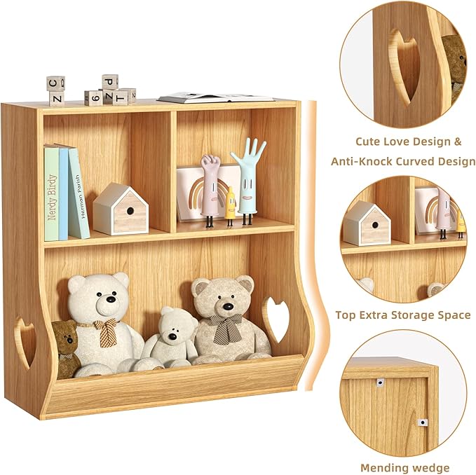 Lerliuo Baby Toddler Bookshelf and Storage Organizer, Kids Cabinet and Bookcase, Wooden 3 Cubby Children Book Shelf for Playroom, Bedroom, Nursery, School 23.62'' H (Natural)