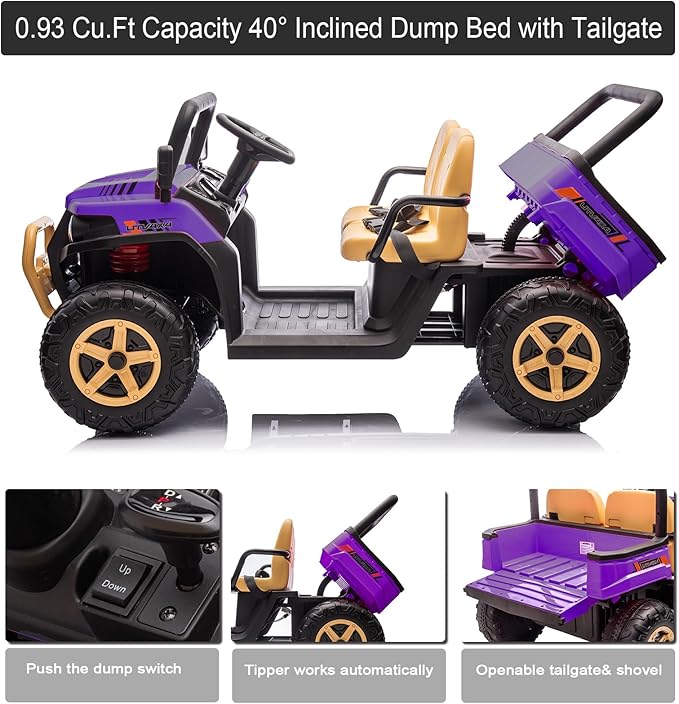 POSTACK 24V 2 Seater Electric Dump Truck for Kids, Ride on Tractor Battery Powered Electric Vehicle with Parental Remote Control, UTV for Kids to Drive w/Bluetooth, Music, Purple