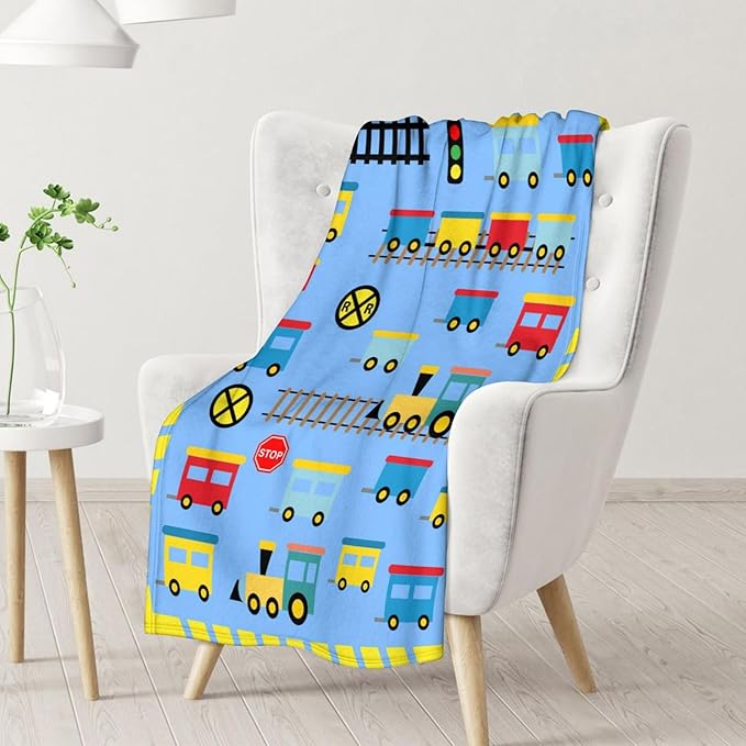 Train Gifts for Adults - Furry Comfort Train Blanket - 60"x80" Inches Twin Throw Blanket - Light Blue Cartoon Throws for Men, Women