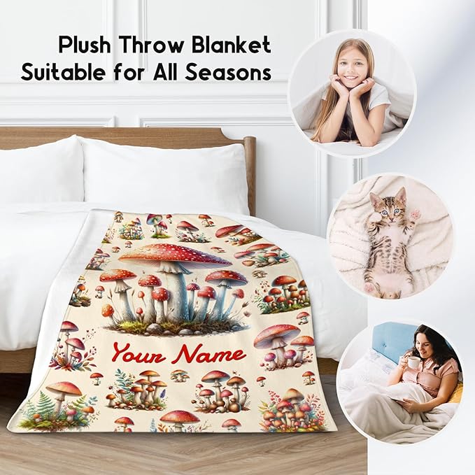 Kids Blankets Gifts Mushroom Blanket for Girls, Personalized Mushroom Gifts, 60"x80" Custom Cozy Fleece Throw for Girls Women Adults