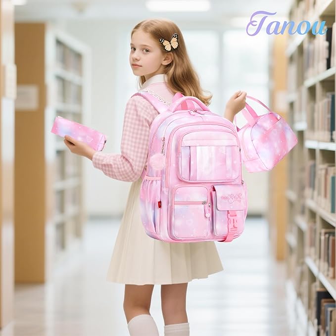 Tanou Backpack with Lunch Box for Girls, Kawaii Set School Bag for Kid Elementary Middle School, Aesthetic Laptop Bookbag Lightweight, Pink