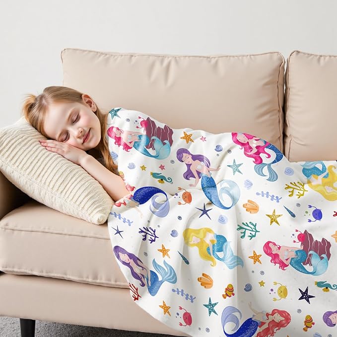 Wajade Kids Mermaid Blanket for Girls Soft Fleece Blanket for Couch Sofa Bedroom Mermaid Marine Life Throw Blanket for Kids Teens 50"x60"