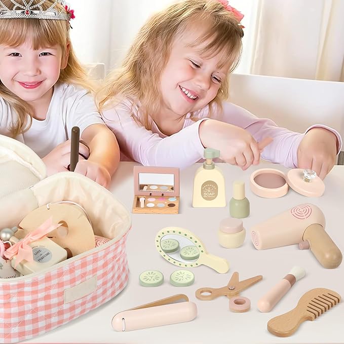 Wooden Makeup Toy Set, Pretend Play Makeup Set for Kids Toddlers, Play Beauty Makeup Kit for Girls 3 4 5 6 7 Year Old