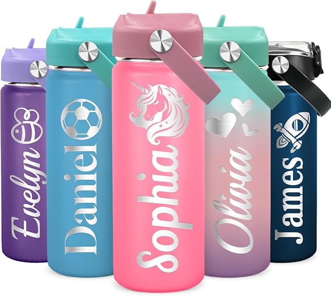 Made in USA - Personalized Kids Water Bottle with Name for School - Custom 18oz Water Bottle with Straw Lid Stainless Steel w/Engraved Names - Personalized Christmas Kids Gifts for Boys Girls