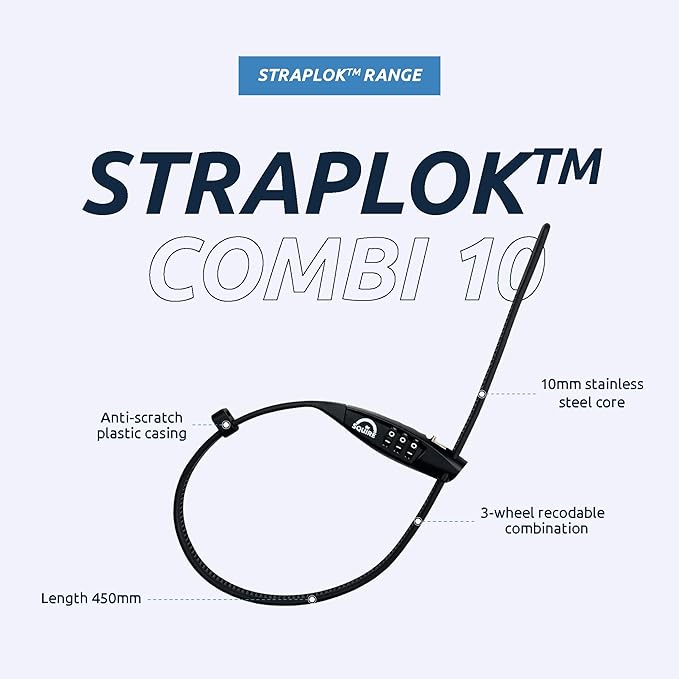 Squire Bike Locks STRAPLOK™ Combi 10 - Ultra-Lightweight Multi-Functional Zip-Tie Style Café Bike Lock with 10mm Stainless Steel Core, 450mm Length, 3-Wheel Recodable Combination