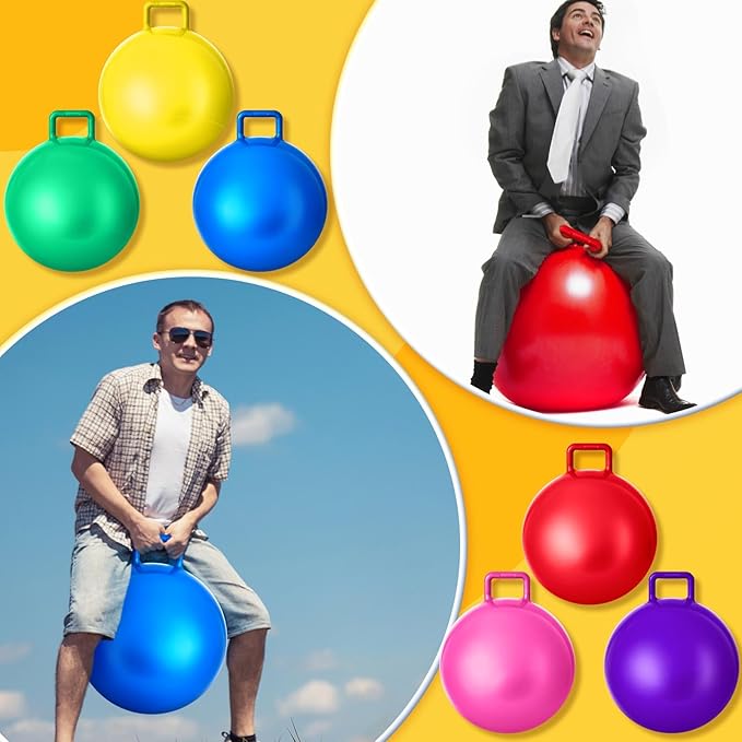 Lewtemi 6 Pcs Hopper Ball Carnival Outdoor Games 22 Inch 29 Inch Jumping Hopping Inflatable Bouncing Ball with Handle and Air Pump for Kids Sport Exercise(Red, Blue, Green, Pink, Yellow, Purple)