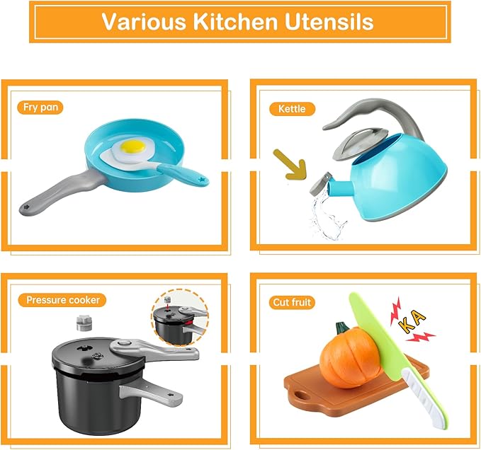 100Pcs Kitchen Playset, Kids Pretend Cooking Play Pots, Pans, Utensils, Cookware, Toy Food Fruits Veggies, with 2 Large Apple - Shaped Storage, Toddler Cooking Learning Gift (Turquoise)