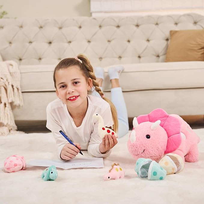 17.6in Pink Dinosaur Toys for Girls, Mommy Dinosaur Stuffed Animal with 3 Baby Dino Plush(Triceratops, Stegosaurus and Diplodocus),Small Dino Plushies for Girls and Boys,Gifts for Kids