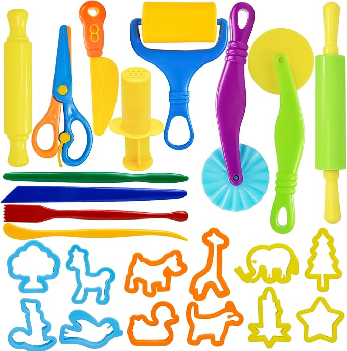 Playdough Tool Set, 24 Pcs Play Dough Tools Sets for Kids Ages 4-8, Playdough Accessories Includes Animal Molds, Cutters Roller, Rolling Pins, Safety Scissors, Plastic Knife