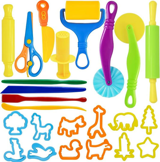 Playdough Tool Set, 24 Pcs Play Dough Tools Sets for Kids Ages 4-8, Playdough Accessories Includes Animal Molds, Cutters Roller, Rolling Pins, Safety Scissors, Plastic Knife